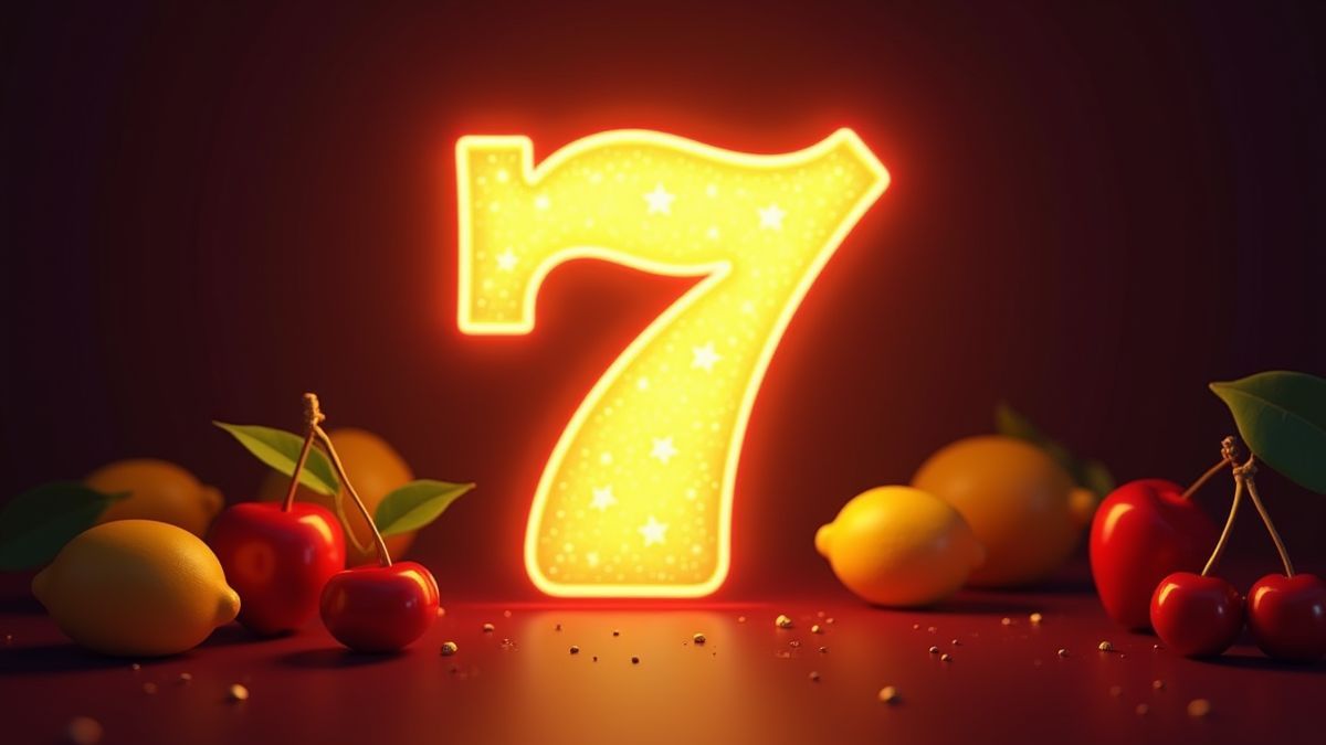 El número siete brillante rodeado de frutas clásicas.