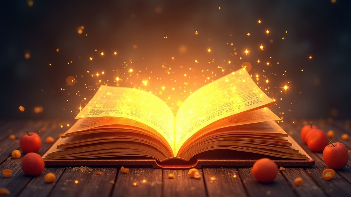 Un libro mágico con páginas doradas rodeado de chispas y frutas.