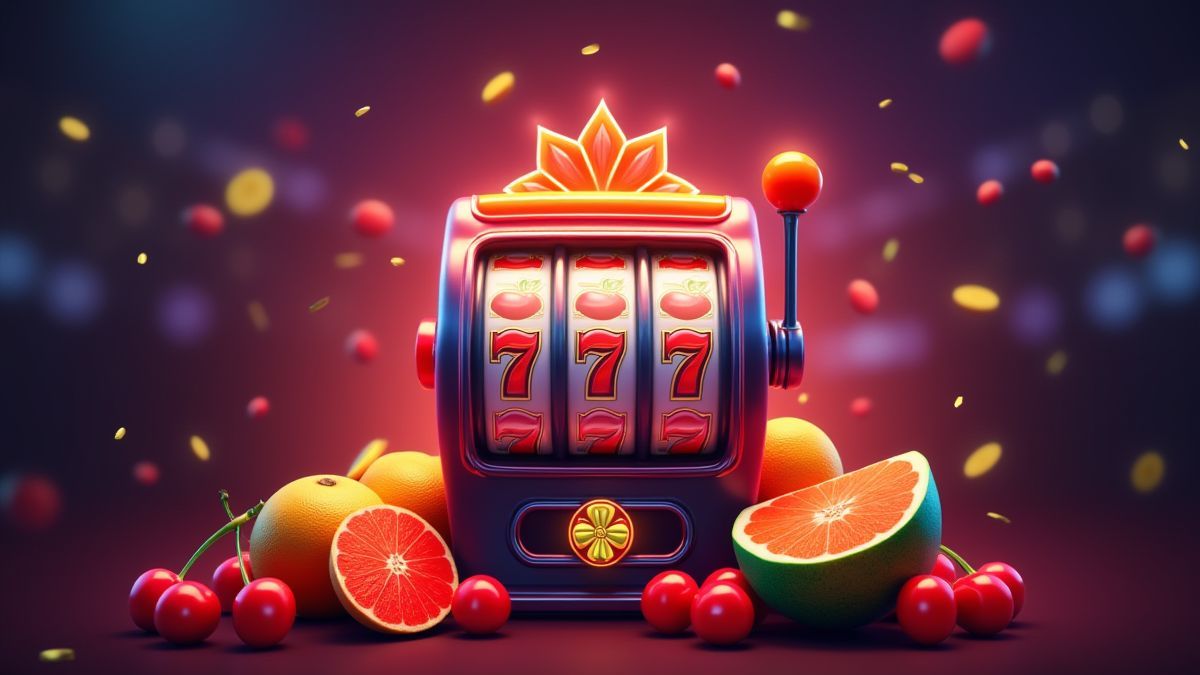Máquina tragaperras rodeada de frutas frescas en un casino