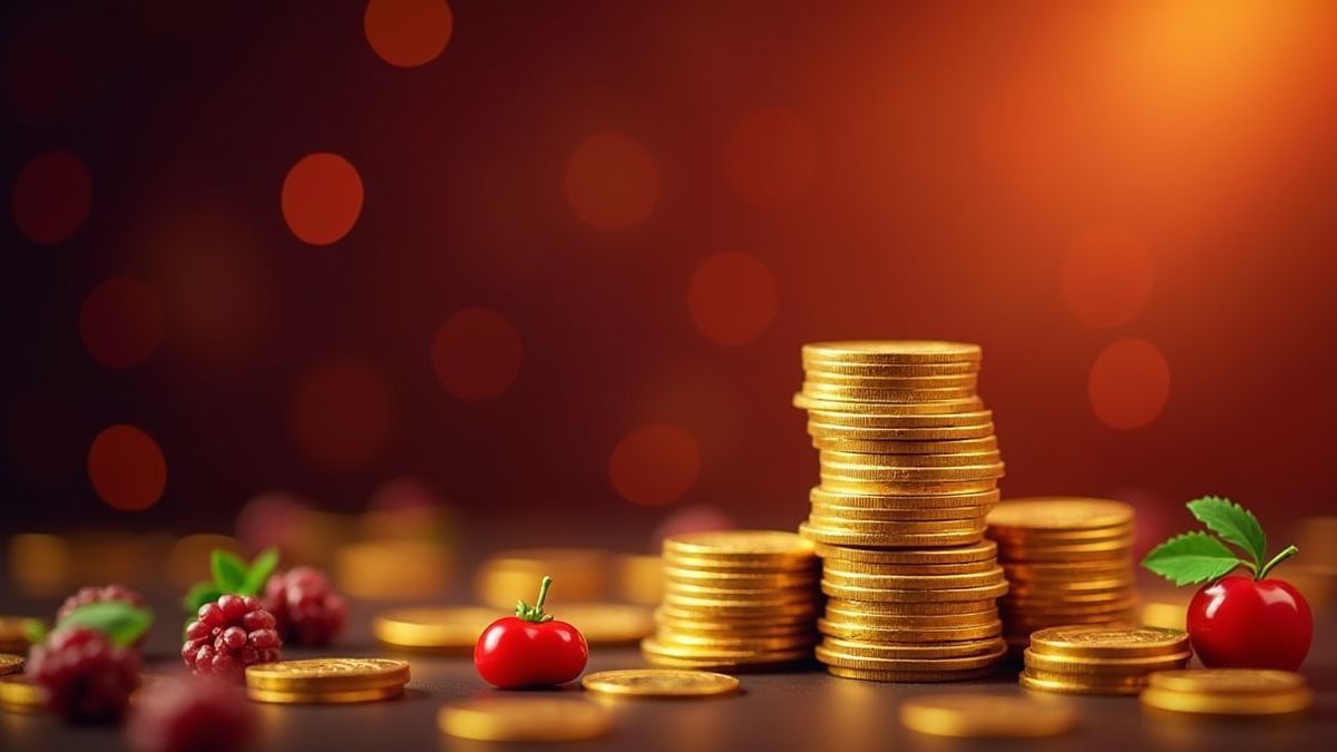 Monedas doradas junto a símbolos de frutas en un casino