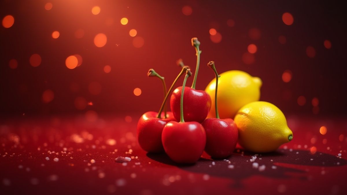 Frutas brillantes sobre una mesa de casino.