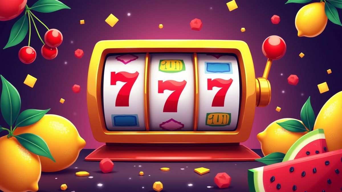 Een klassieke gokkast omringd door kleurrijke vruchten.