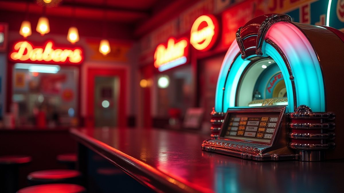 Jukebox retro en un diner americano con luces de neón patrióticas.