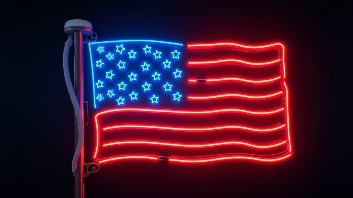 Letrero de neón patriótico con diseño de estrellas y rayas.