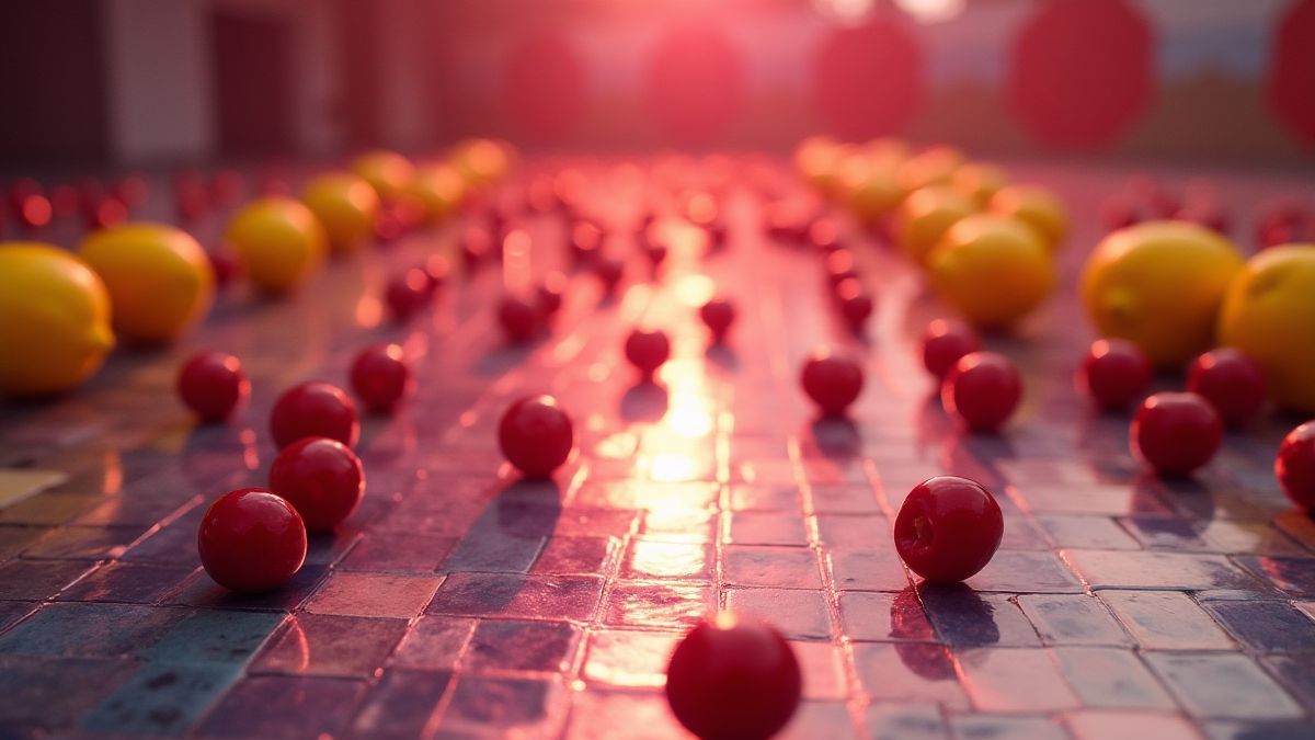 Un suelo de disco retro con frutas como cerezas y limones.