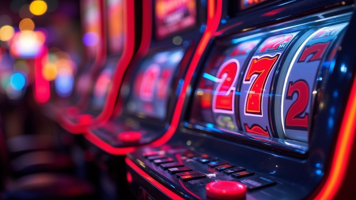 Escena de casino con símbolos de slots brillantes.