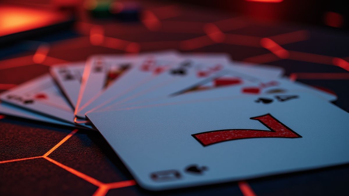 Ein Pokerspielkarten-Stapel mit dem Fokus auf der Sieben auf einem beleuchteten Tisch.