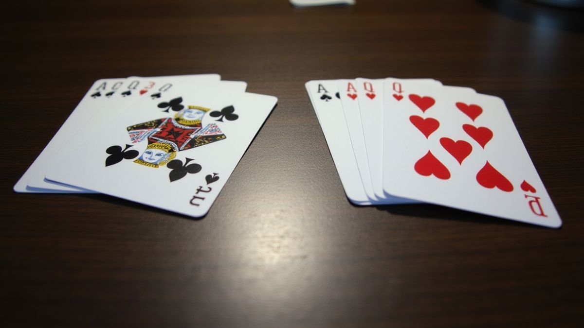 Zwei Pokerhände auf einem Tisch, eine mit Wildkarten und eine ohne, wobei der Unterschied in den Ergebnissen betont wird.
