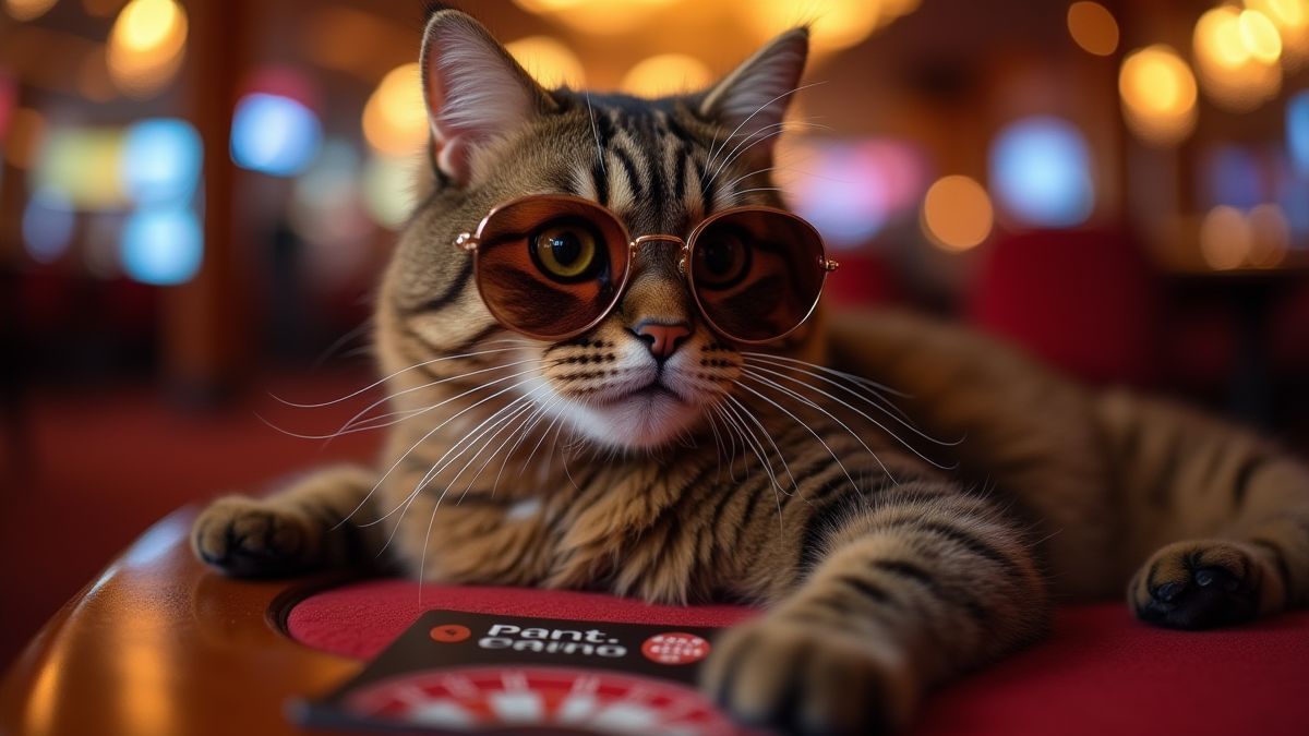 Um gato glamouroso com óculos de sol em um ambiente de cassino.