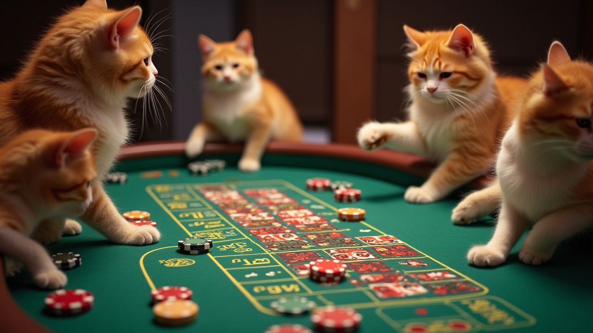 Uma mesa de cassino colorida com fichas e dados, rodeada de gatos brincalhões.
