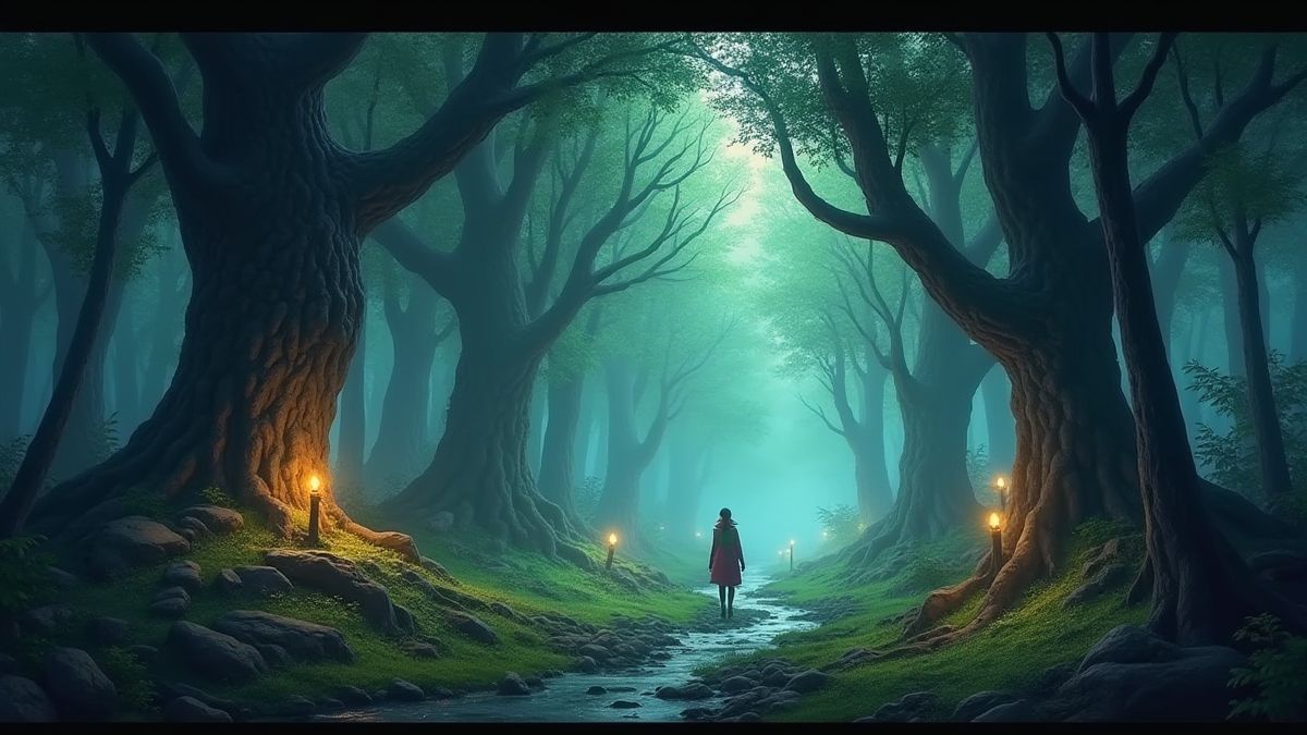 A magical forest with glowing runes and mystical creatures.
