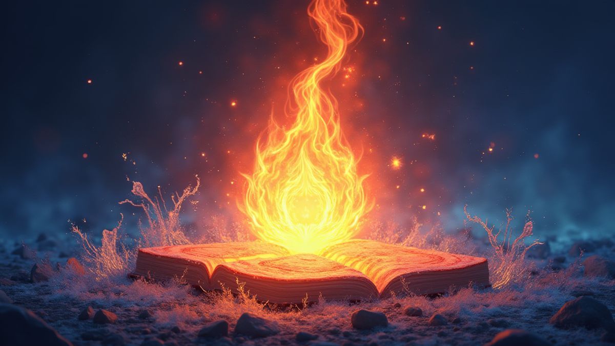 A magical tome surrounded by elemental effects like ice, fire, and thunder.