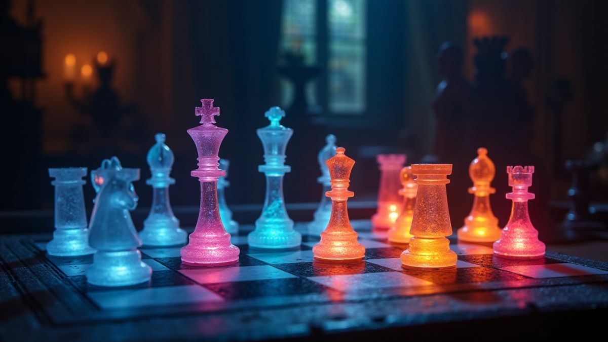 Tablero de ajedrez mágico con piezas coloridas brillantes.