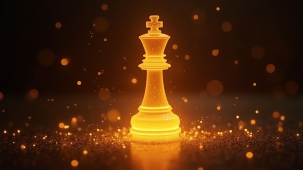 Pieza de ajedrez brillante rodeada de destellos dorados.