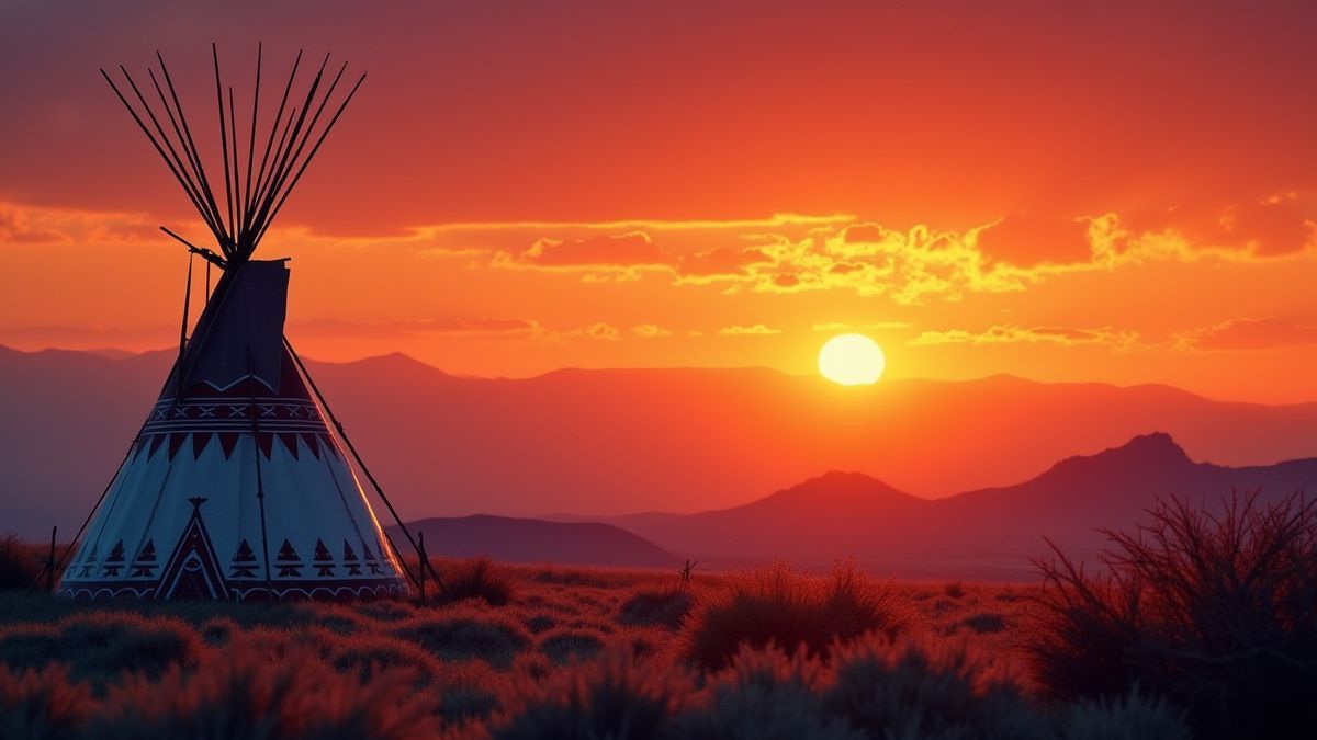 Sonnenuntergang über einer Landschaft der amerikanischen Ureinwohner mit Bergen und einem Tipi im Vordergrund.