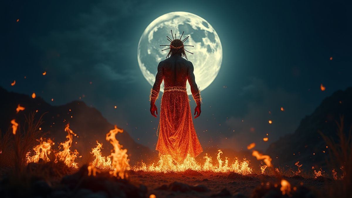 Chamán brillante bajo la luna llena con elementos de fuego tribales.
