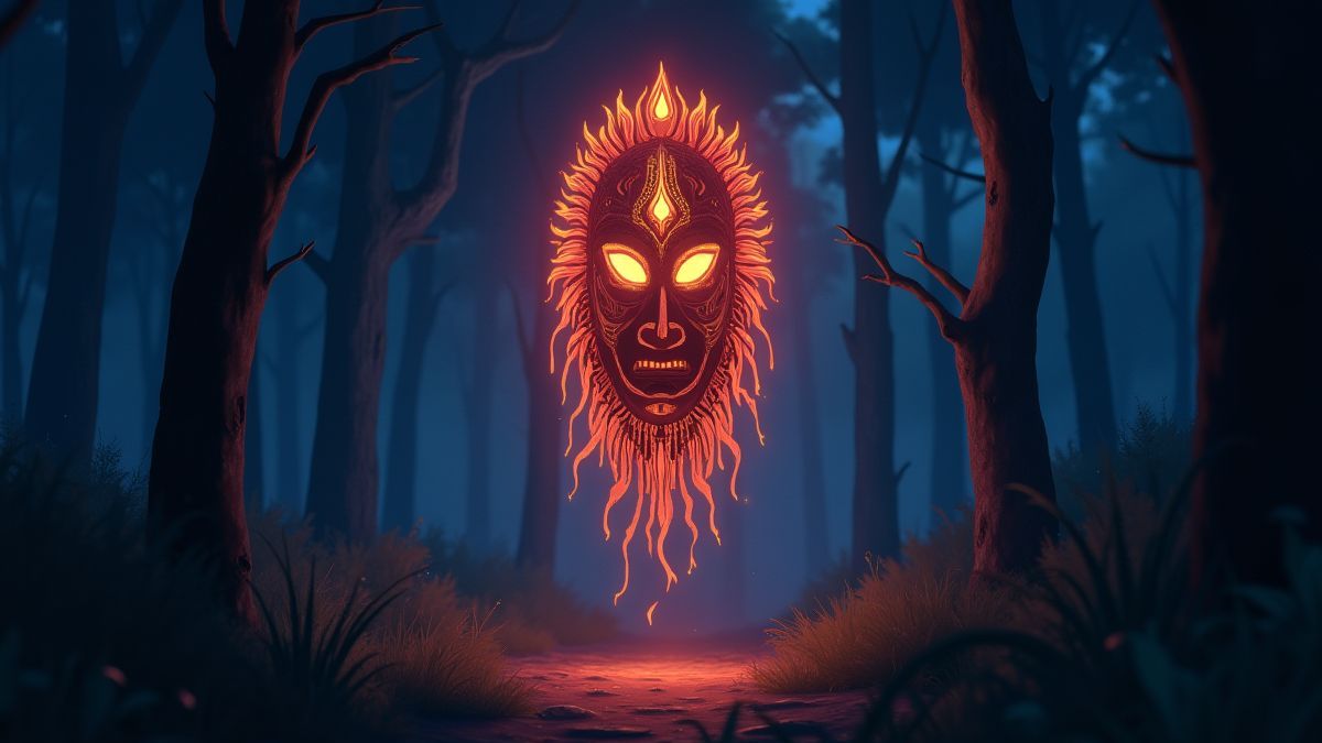 Máscara tribal brillante rodeada de energía mística en un bosque oscuro.