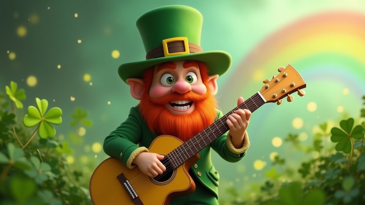 Een elfje met een gouden gitaar omringd door klavers en een regenboog.