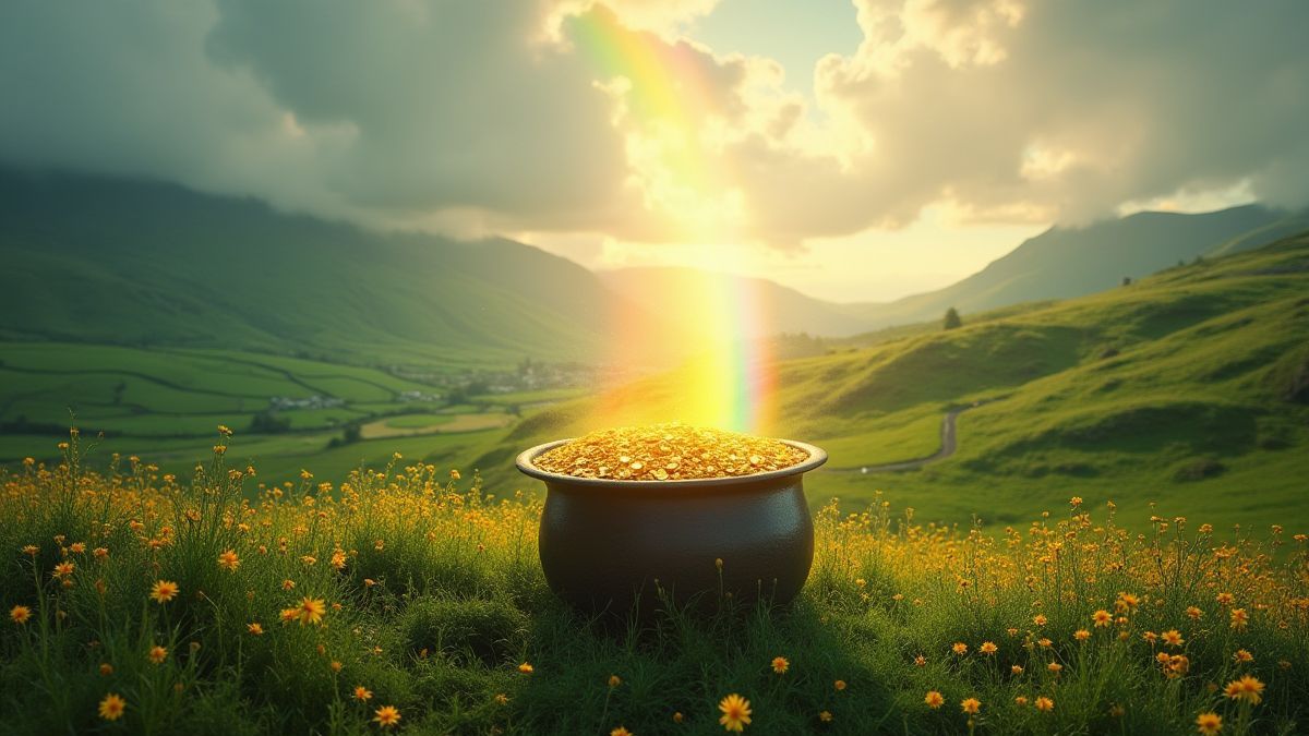 Een magische pot goud onder een regenboog omringd door Ierse landschappen.
