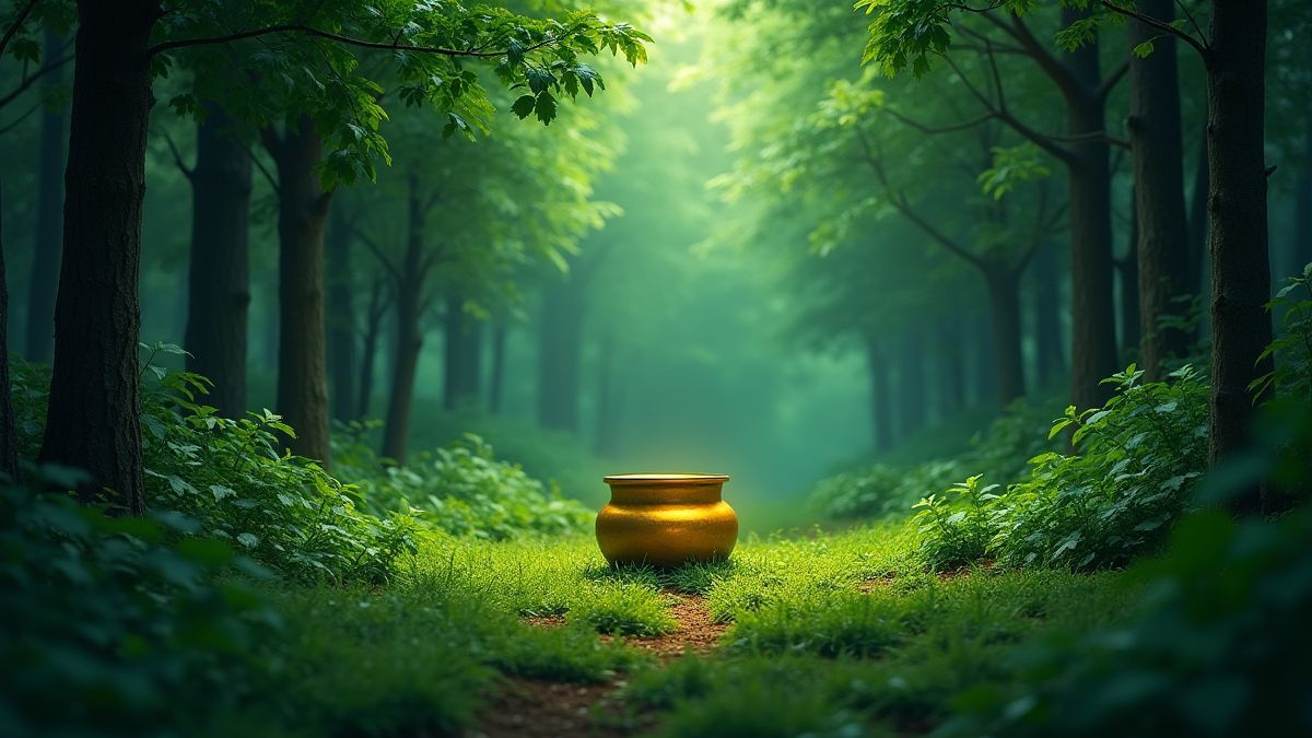 A green forest with a golden pot hidden among the trees.