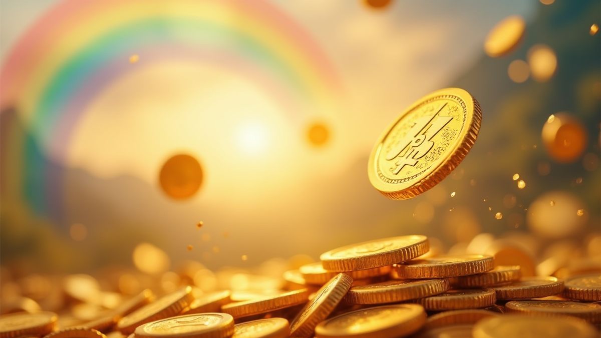 Golden coins flying in the air with a rainbow backdrop.