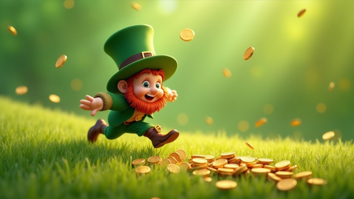 A leprechaun chasing golden coins in a green field.