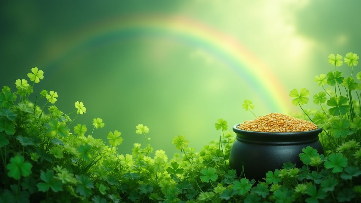 A green Irish landscape with clovers and a pot of gold under a rainbow.