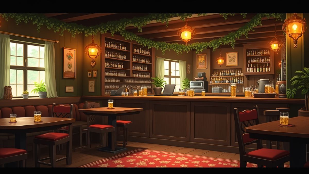 An animated scene of an Irish pub with music and traditional decorations.
