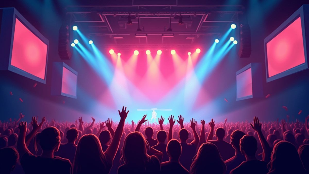 Escenario de concierto con luces vibrantes y una multitud animada.