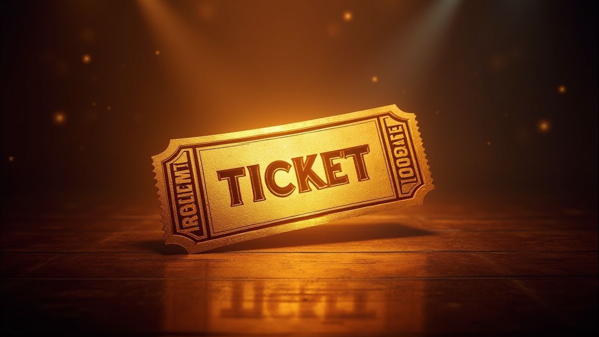Un ticket dorado brillando en un escenario de concierto.