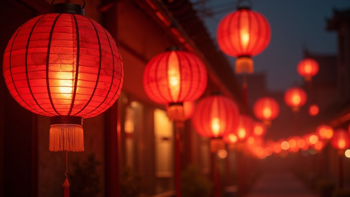 Farolillos chinos iluminados en la noche.