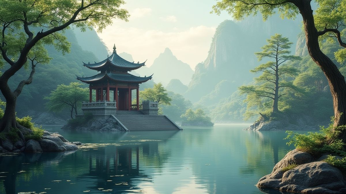 Een Chinese tempel omringd door natuur.