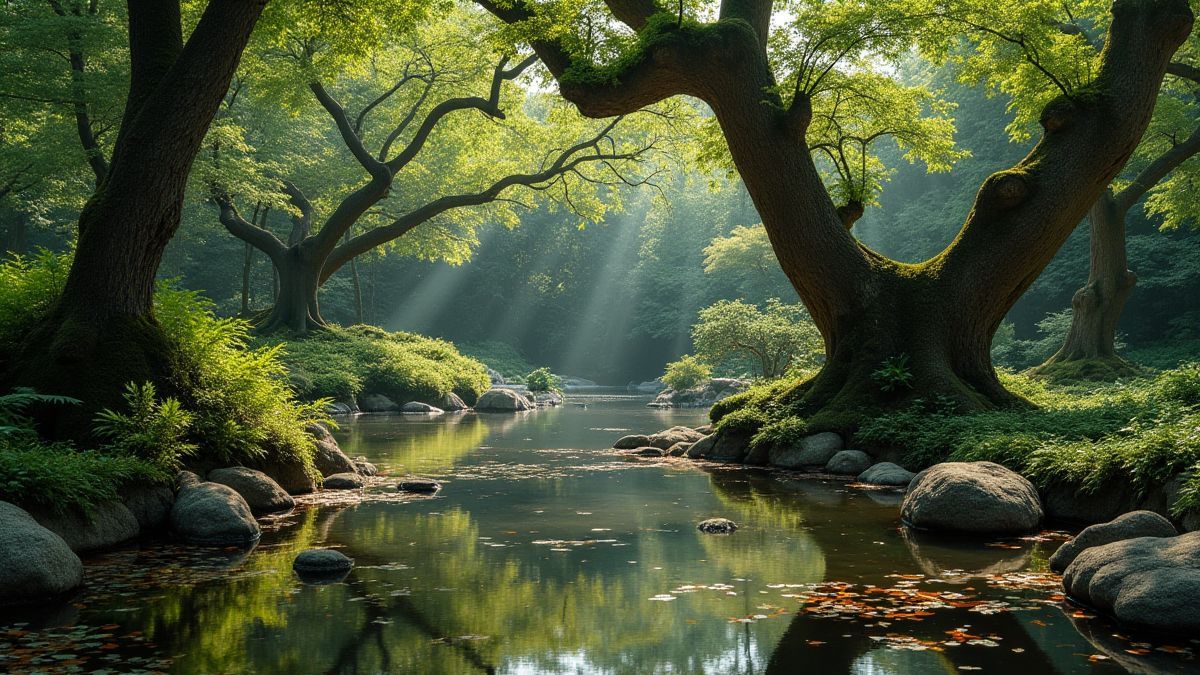 Un jardin rempli de étangs avec des poissons koi et des arbres anciens.