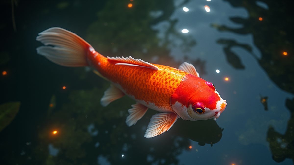Un poisson koi mystique nageant dans un étang brillant.