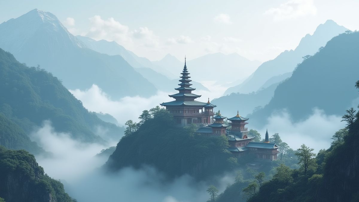 Un temple tranquille entouré de montagnes et de nuages.