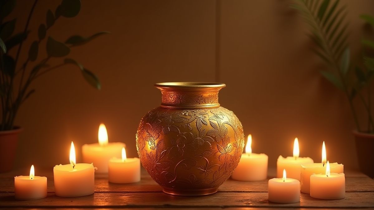 Vaso dourado ornamentado em uma mesa rodeado de velas.