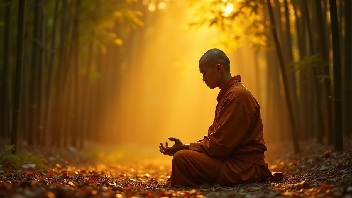 Ein Shaolin-Mönch, der in einem von der Sonne beschienenen Bambuswald meditiert.