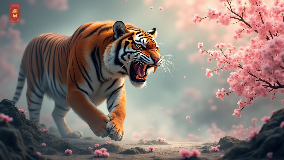 Ein Tiger, der in einer mystischen chinesischen Landschaft mit Kirschblüten brüllt.