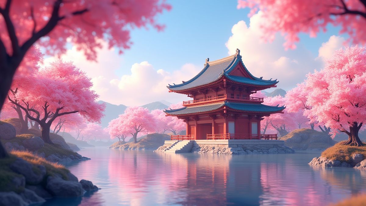 Temple asiatique entouré de cerez en fleurs.