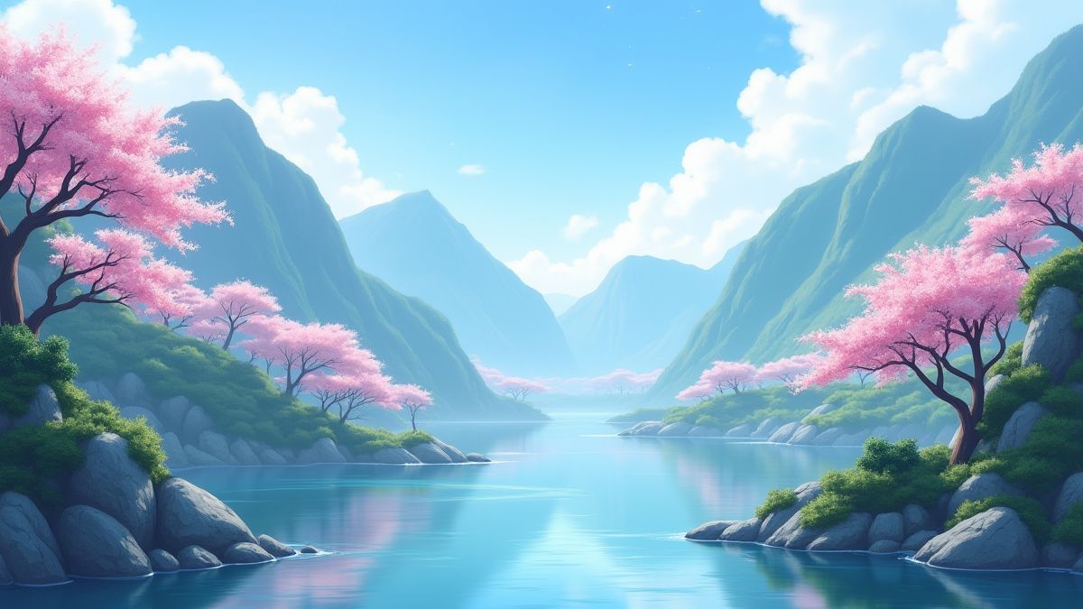 Scène montagneuse asiatique avec rivière et cerisiers en fleurs.