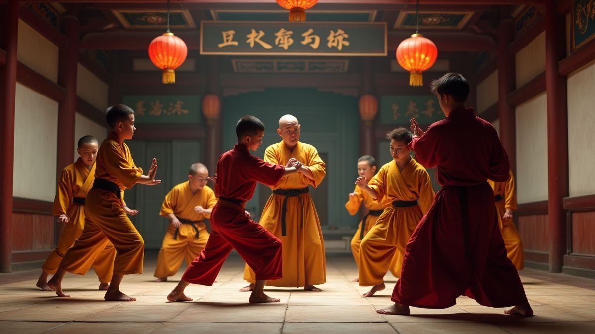 Ein Dojo, in dem Studenten unter der Anleitung eines weisen Shaolin-Mönchs Kampfkünste üben.