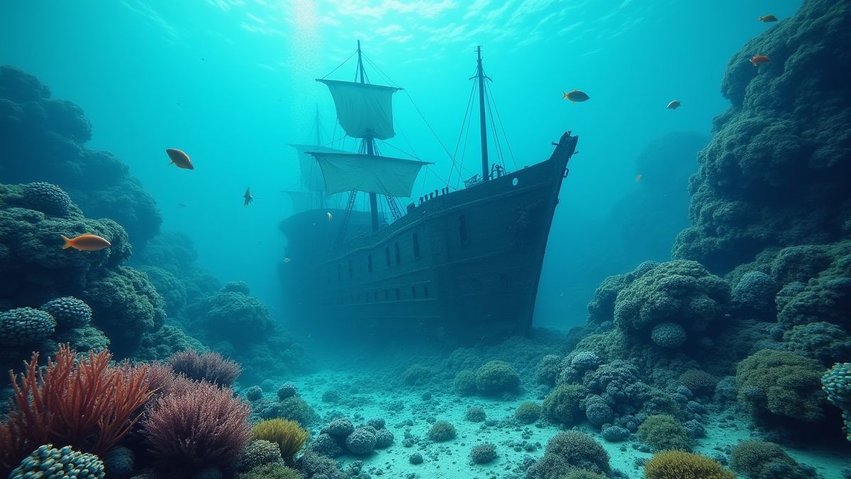 Cena de um barco afundado rodeado de peixes e coral.
