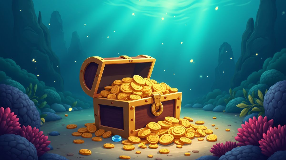 Um cofre do tesouro rodeado de moedas de ouro e gemas sob o mar.