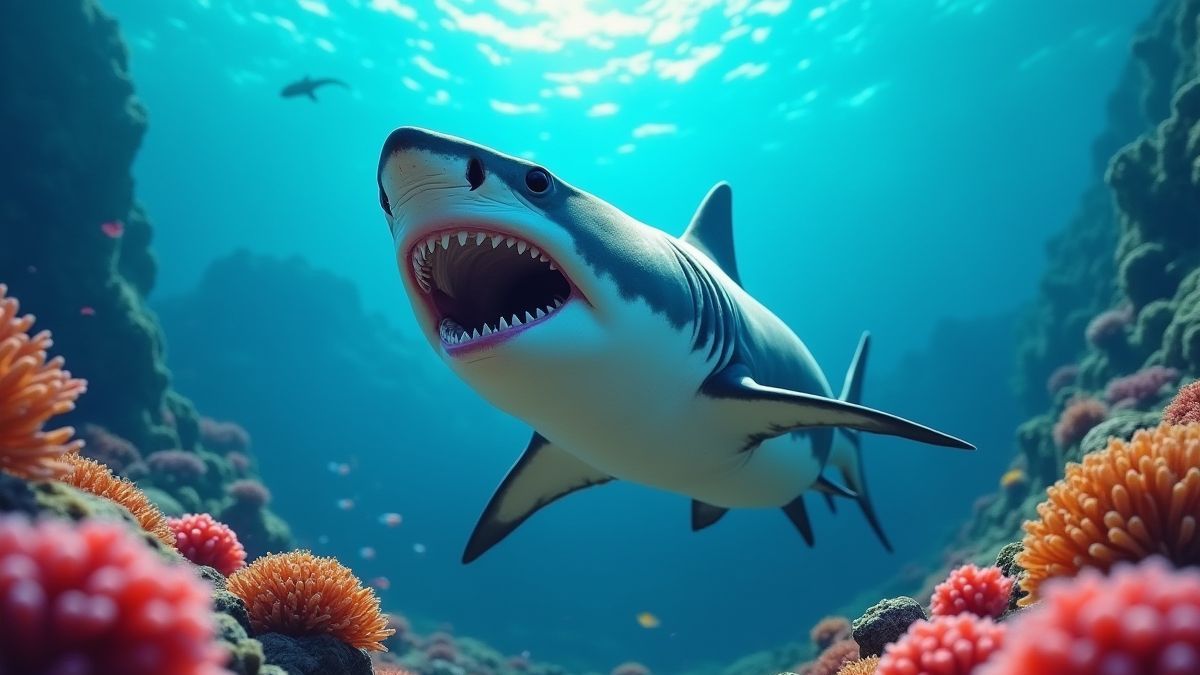 Um tubarão sorridente rodeado de coral colorido sob a água.