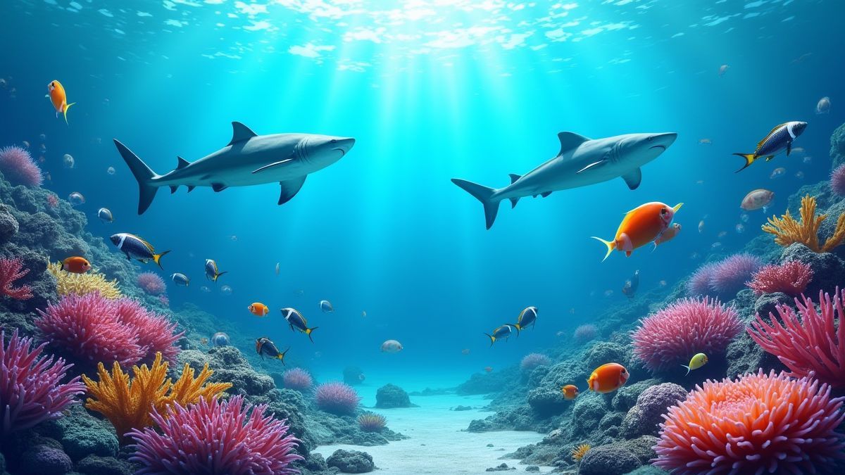 Corales submarinos con peces y tiburones.
