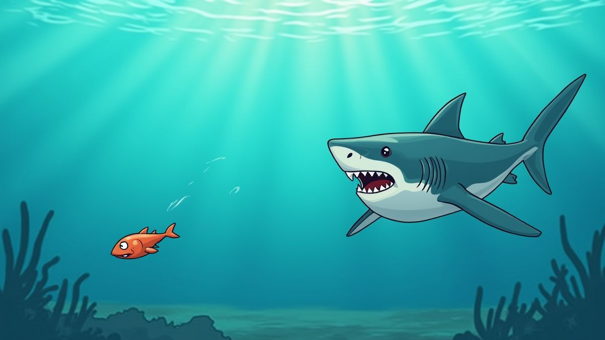 Pez escapando de un tiburón bajo el agua.