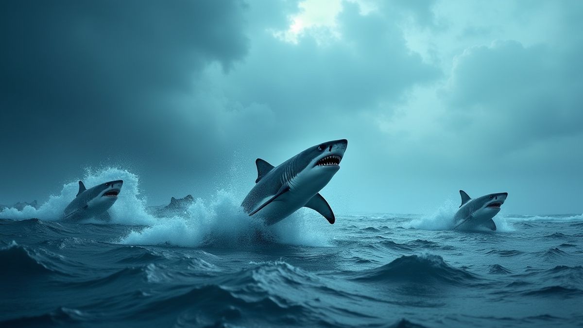 A stormy ocean with sharks jumping out of the water.