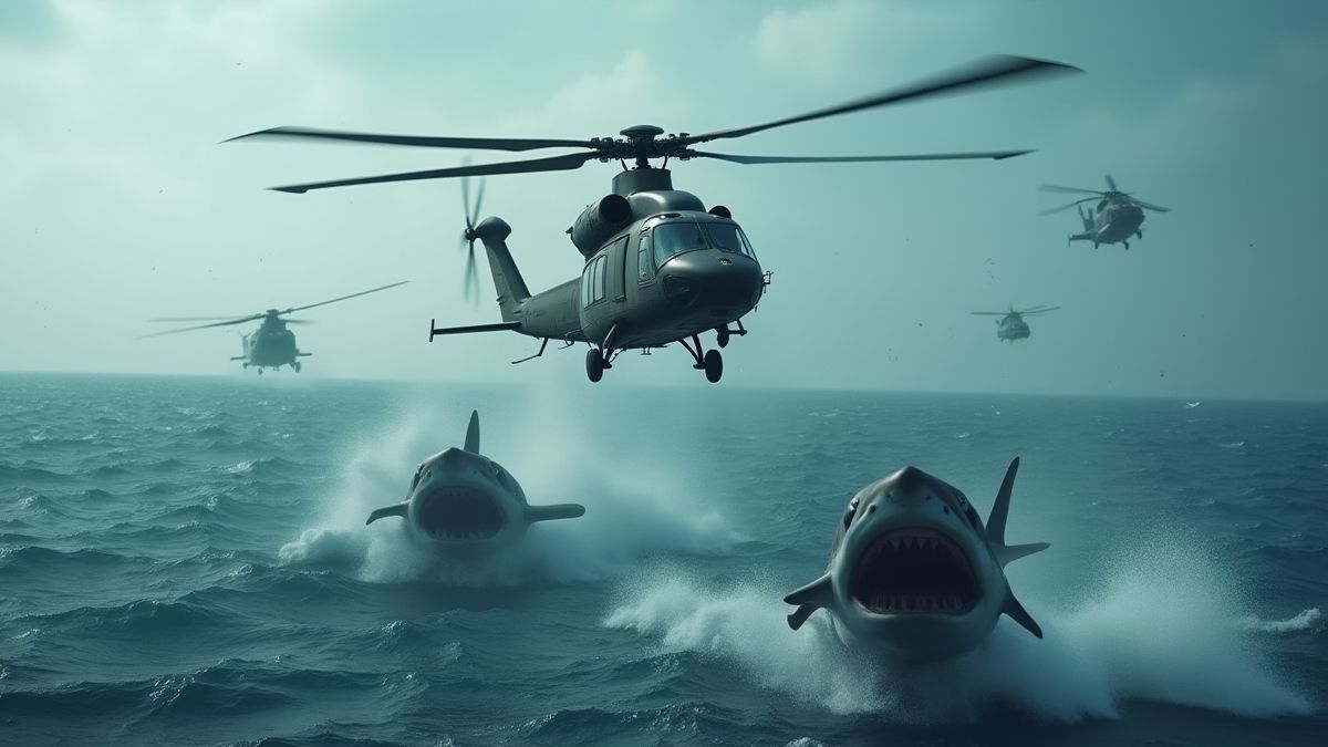 A helicopter over the ocean dropping bombs towards sharks.