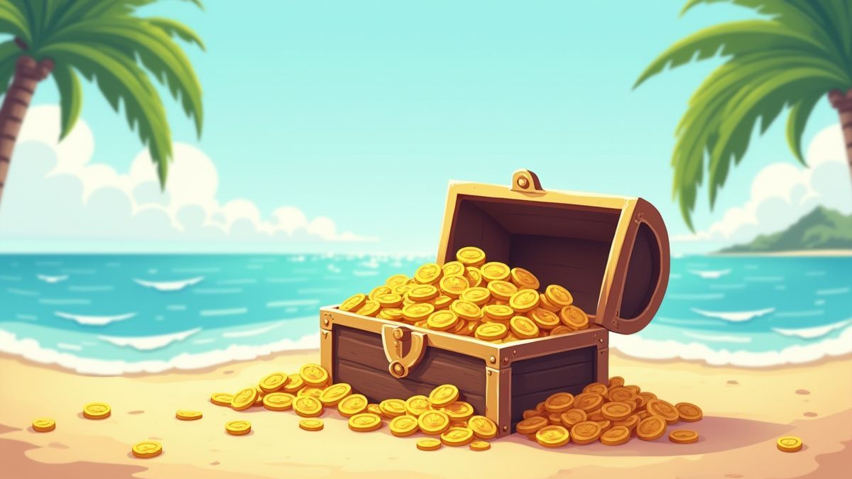 Un cofre del tesoro lleno de monedas de oro y joyas en una playa soleada.