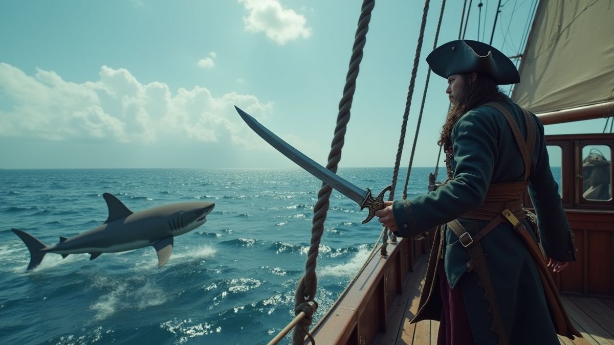 Un pirata sosteniendo una espada en la cubierta de un barco mientras un tiburón nada cerca.